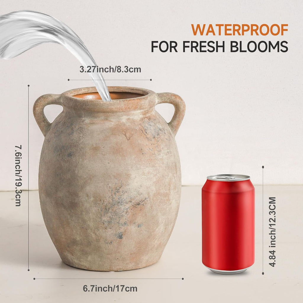 Dobbyby Ceramic Flower Vase 7.6 inch Farmhouse Rustic Vase Decorative Pottery Terracotta Vases for Home Decor Table Mantle Fireplace Living Room Bathroom Wedding Centerpiece (Whitewashed)