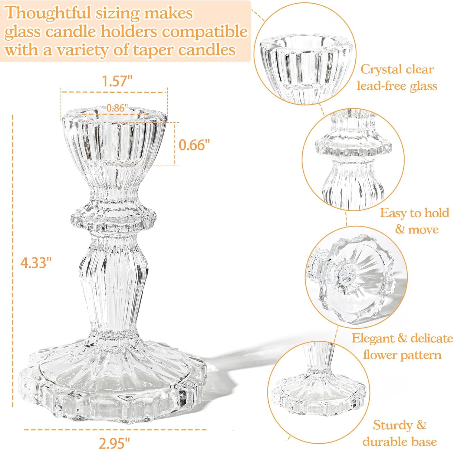 4.33" Tall Glass Candlestick Set of 6 Clear Crystal Candle Holders for Glass Taper Holder Decor for Wedding Birthday Party Christmas