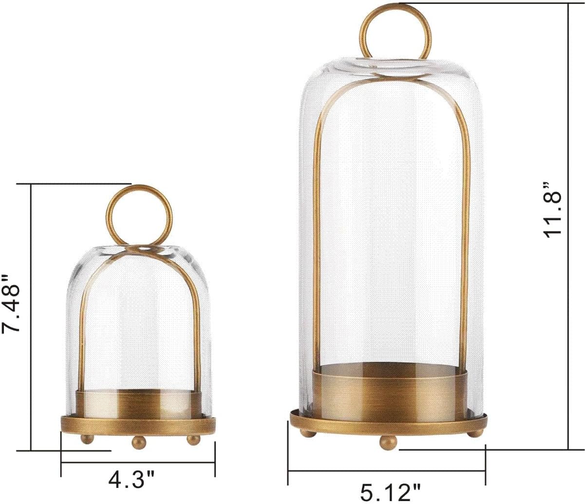 5" & 4" Wide Versatile Metal Candle Holder with Handmade Sturdy Glass Dome in Brass for Pillar Candle & Plants, 5.1" xH11.8 4" xH7.5, Industrial, Farmhouse, Shabby Chic. (2, Brass, Large & Small)