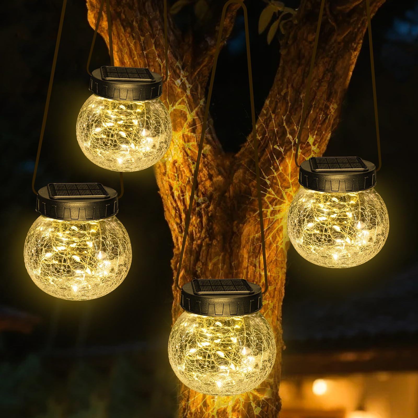 Kolpop Solar Lanterns Outdoor Waterproof 6 Pack, Hanging Solar Lights with 30 LED, Cracked Glass Hanging Globes for Garden Patio Fence Yard Christmas Tree Decoration,Warm White